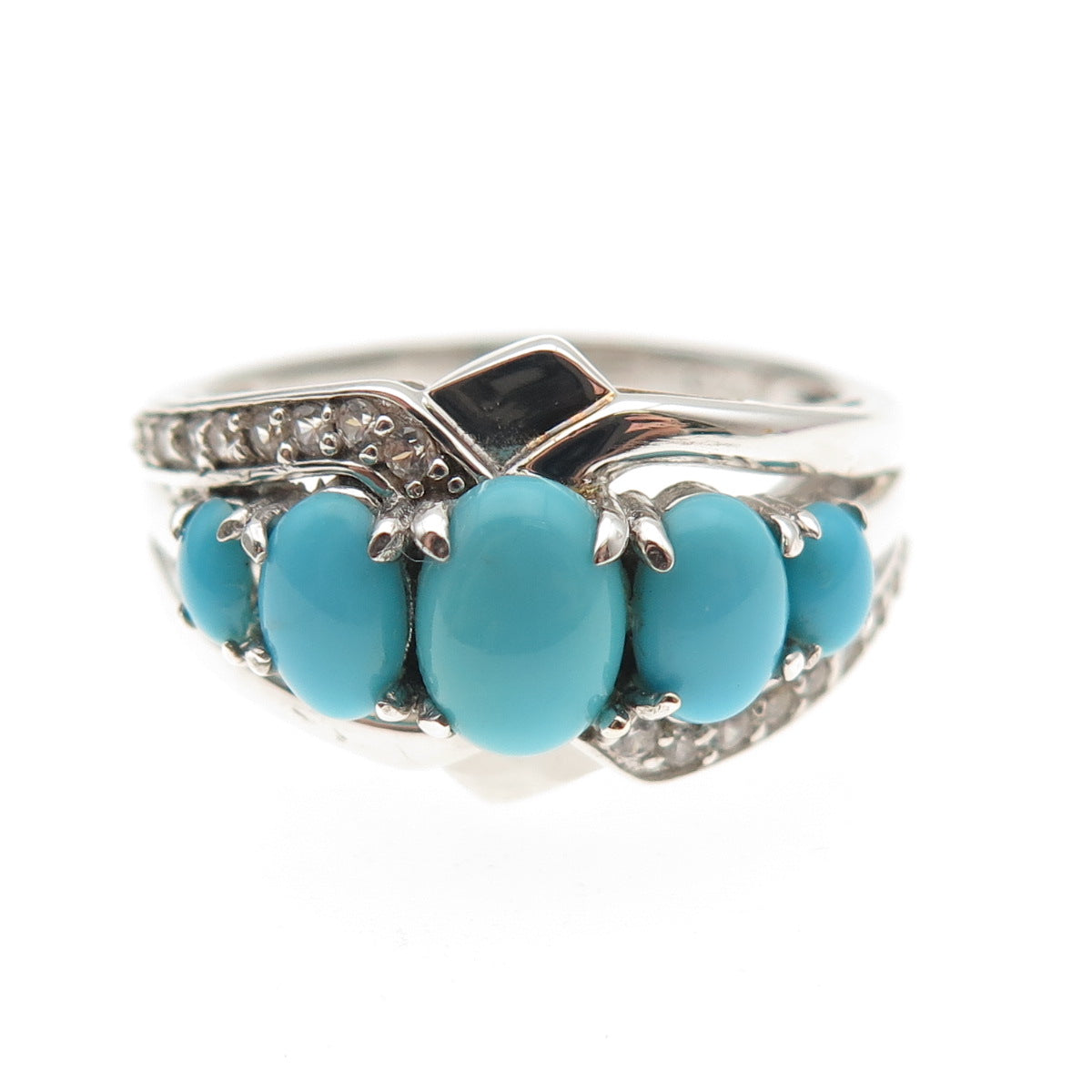 925 Sterling Silver Real Sleeping Beauty Turquoise & White Topaz Ring Size 8.25