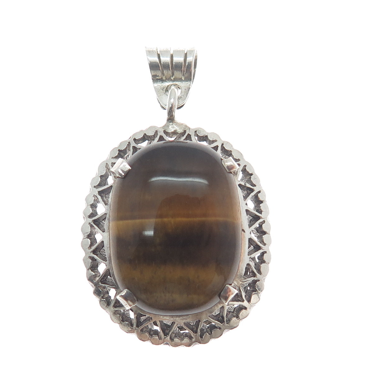 925 Sterling Silver Vintage Real Tiger Eye Gemstone Hearts Eternity Pendant
