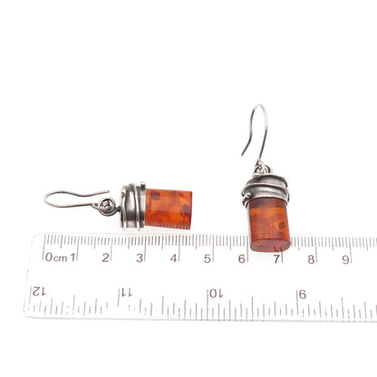 900 Silver Vintage Czechia Real Amber Modernist Oxidized Dangle Earrings