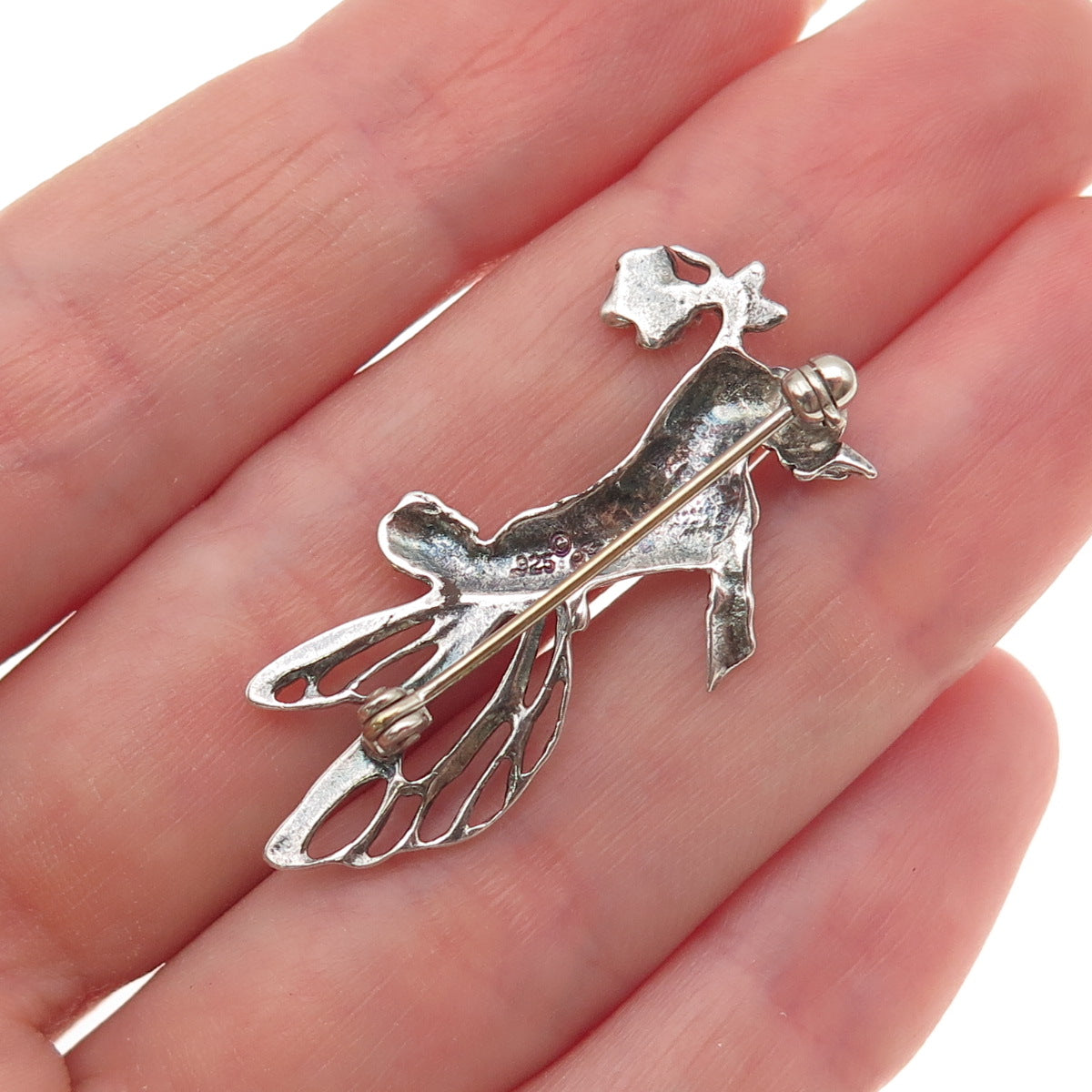 Jezlaine 925 Sterling Silver Vintage Fairy Floral Oxidized Pin Brooch