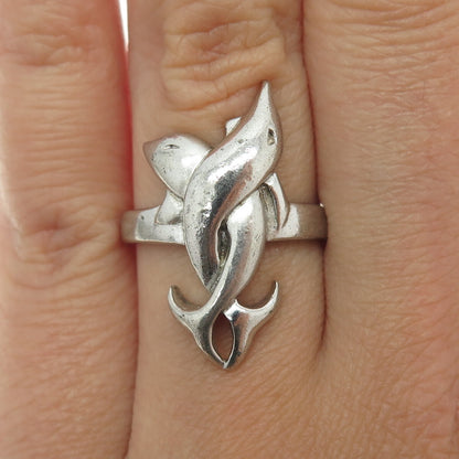 925 Sterling Silver Vintage Dolphin Couple Modernist Ring Size 7.25