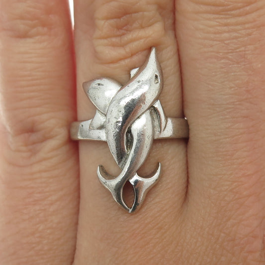 925 Sterling Silver Vintage Dolphin Couple Modernist Ring Size 7.25