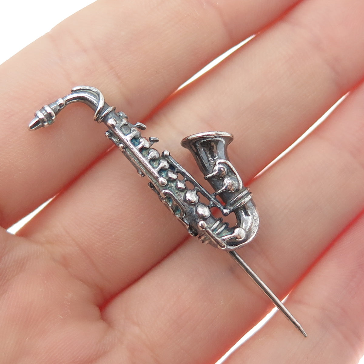 UNOAERRE 925 Sterling Silver Vintage Italy Saxophone Oxidized Lapel Pin