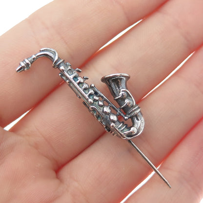 UNOAERRE 925 Sterling Silver Vintage Italy Saxophone Oxidized Lapel Pin