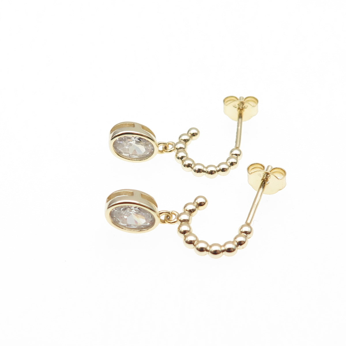 925 Sterling Silver Gold Plated Oval-Cut C Z Beaded Hoop Dangle Earrings