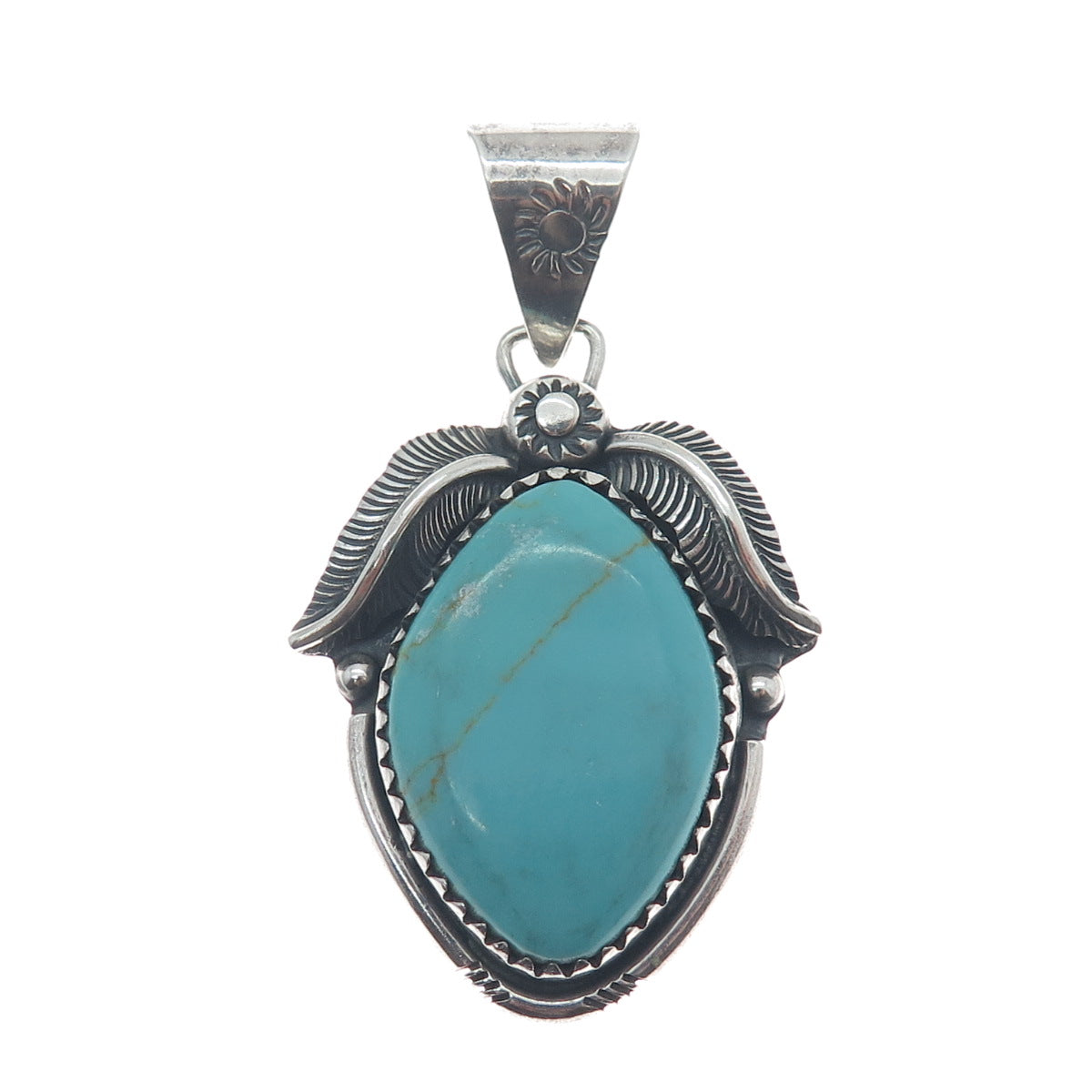 925 Sterling Silver Vintage Real Tyrone Turquoise Leaf Floral Oxidized Pendant