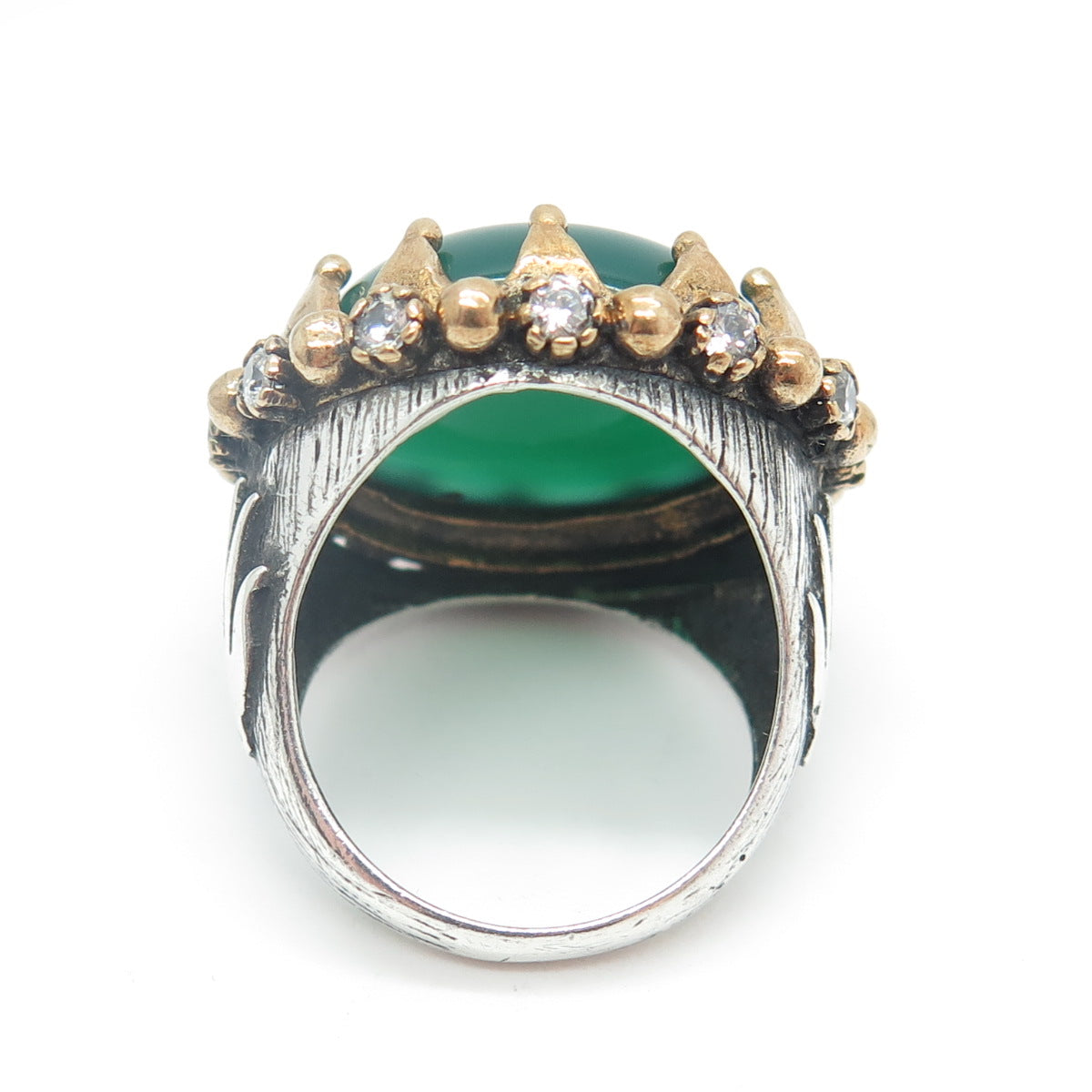 925 Sterling Silver 2-Tone Vintage Real Green Onyx & C Z Crown Ring Size 8