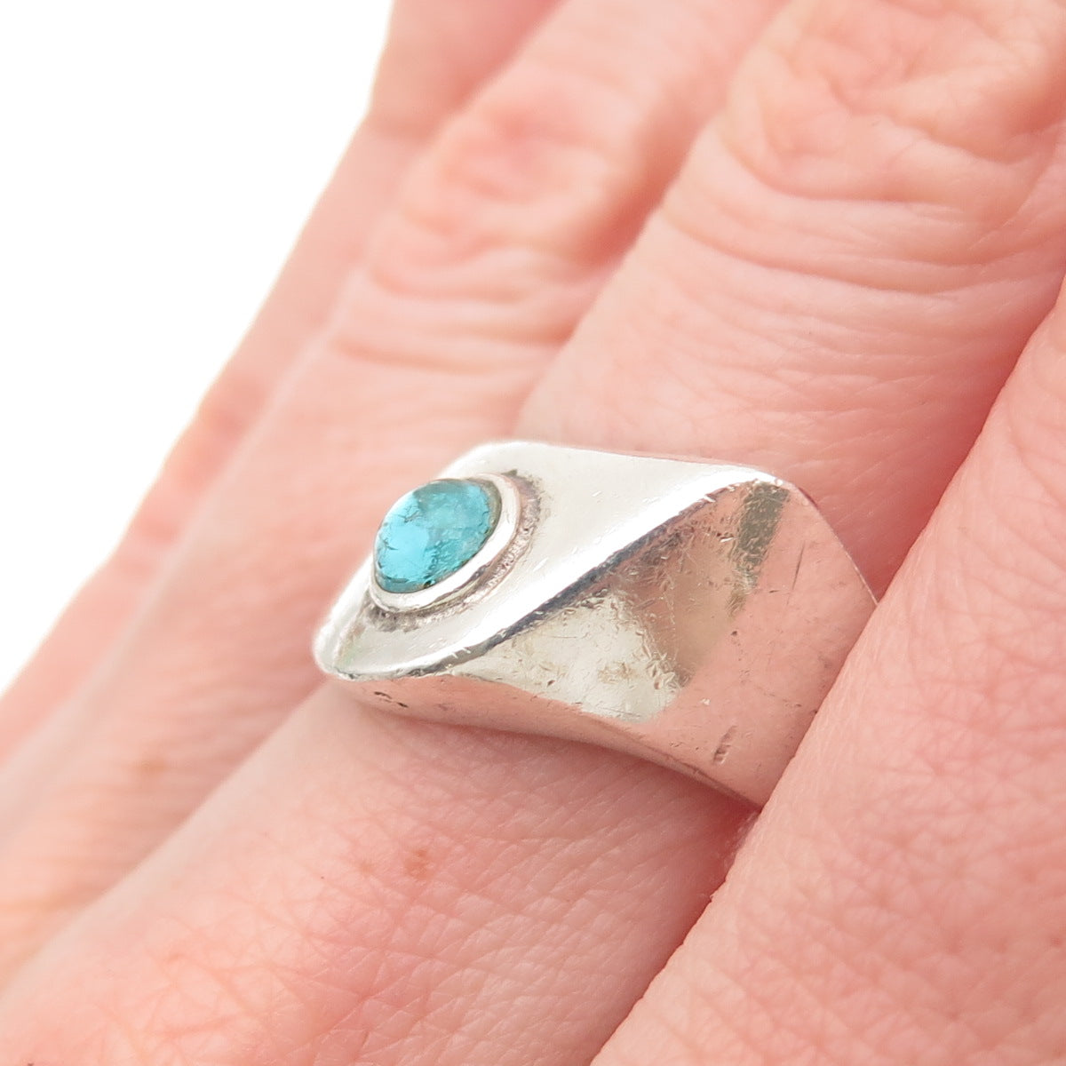 925 Sterling Silver Vintage Mexico Real Apatite Modernist Ring Size 7