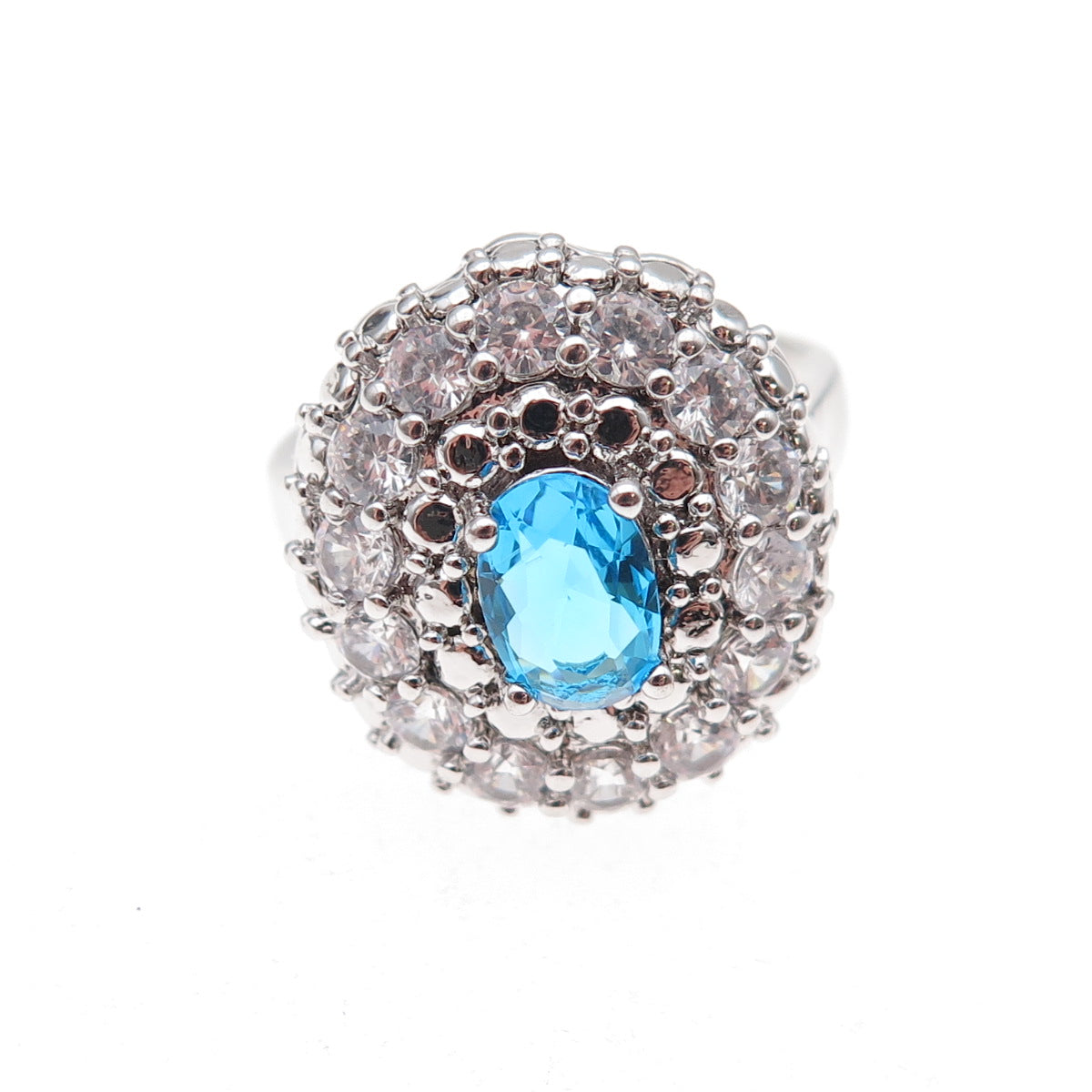 925 Sterling Silver Oval-Cut Blue & Round-Cut White C Z Ring Size 7