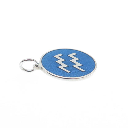 925 Sterling Silver Blue Enamel Aquarius Zodiac Sign Minimalist Charm Pendant