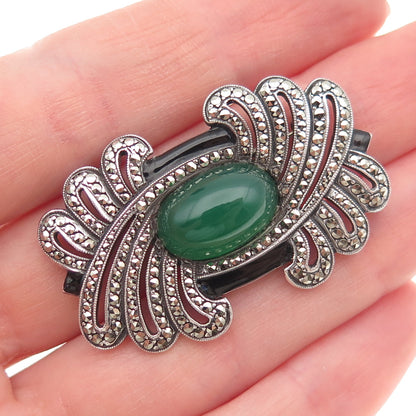 925 Sterling Antique Art Deco Real Black & Green Onyx Marcasite Pin Brooch