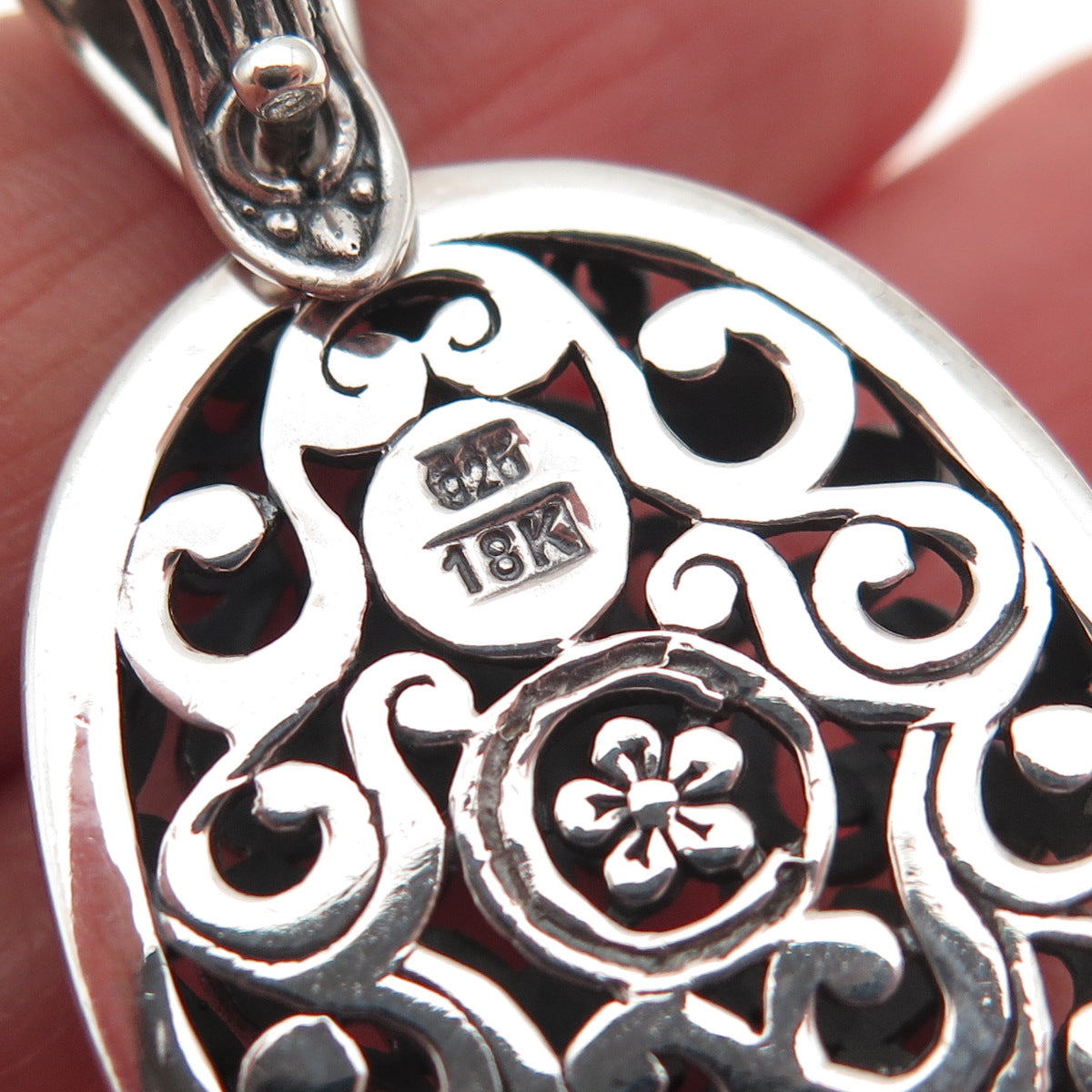 925 Sterling Silver 18K Gold Vintage Floral Ornate Oxidized Charm Pendant