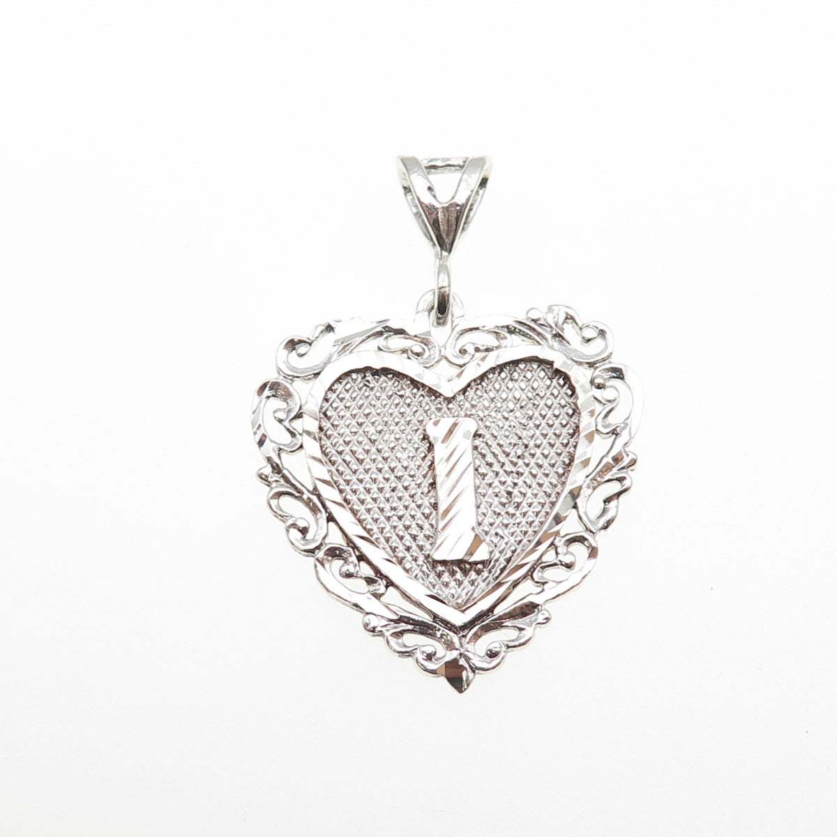 925 Sterling Silver Vintage Letter I Initial Ornate Heart Charm Pendant
