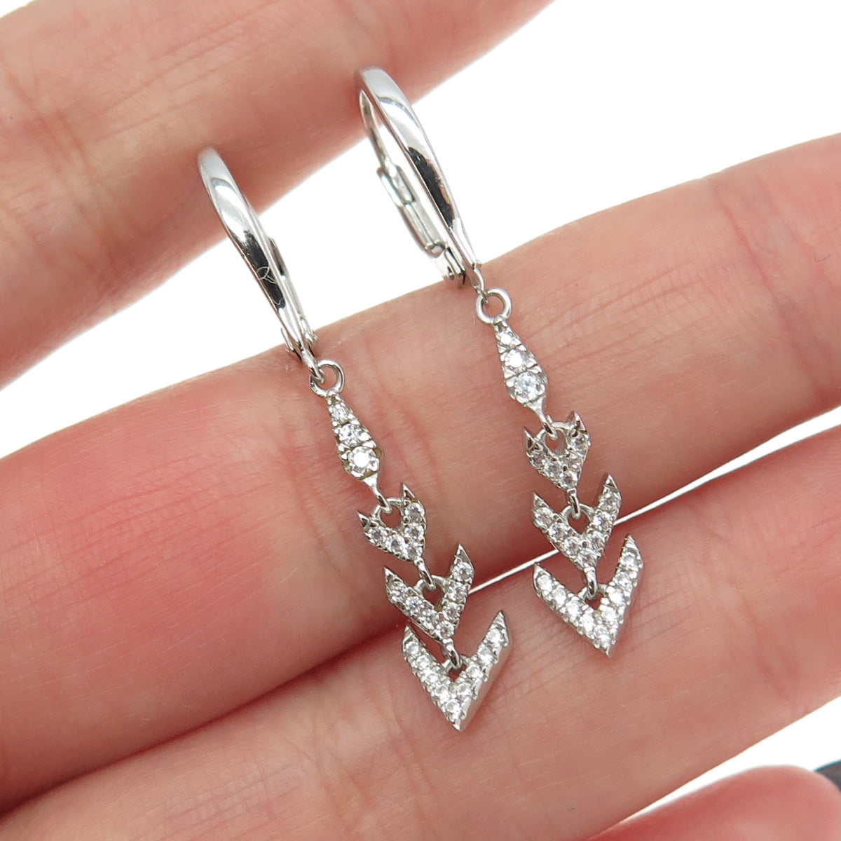 925 Sterling Silver Pave C Z Arrow Dangling Earrings