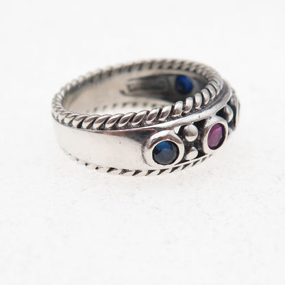 CNA Pranda 925 Sterling Silver Vintage Real Emerald Sapphire Ruby Ring Size 6.25