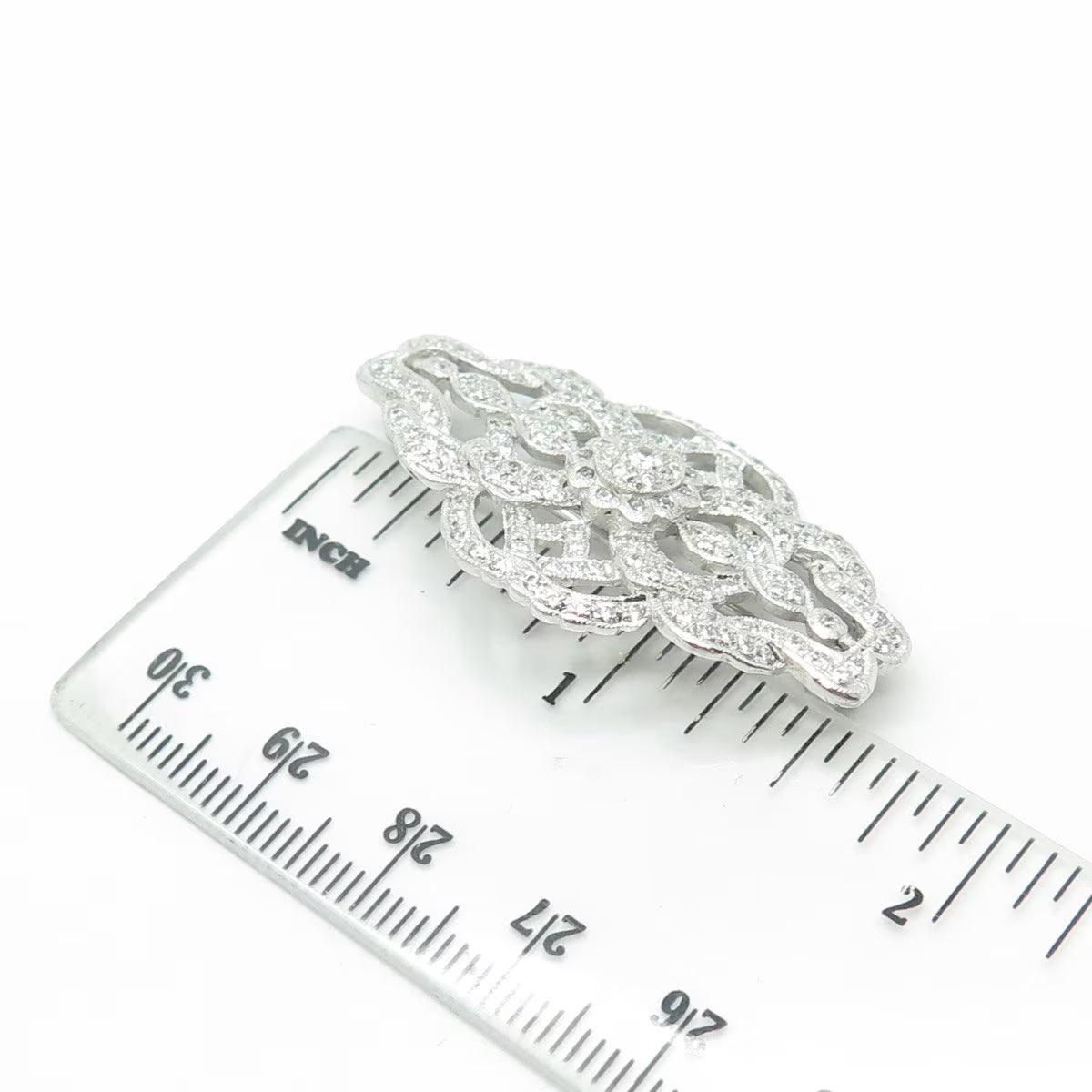 925 Sterling Silver White C Z Floral Vines Pin Brooch
