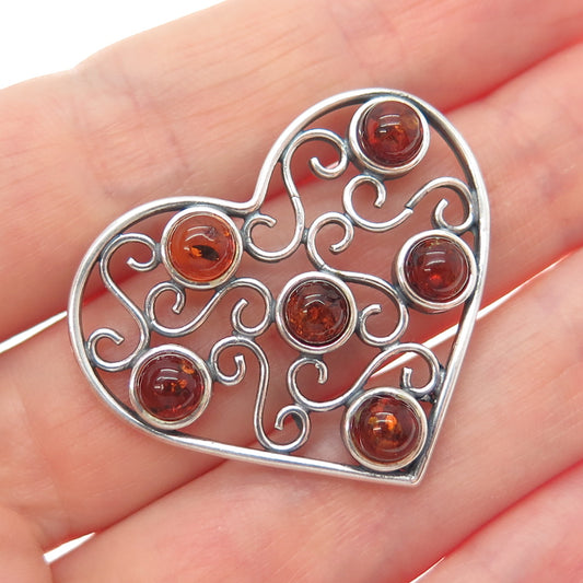 925 Sterling Silver Vintage Real Amber Modernist Swirl Heart Slide Pendant