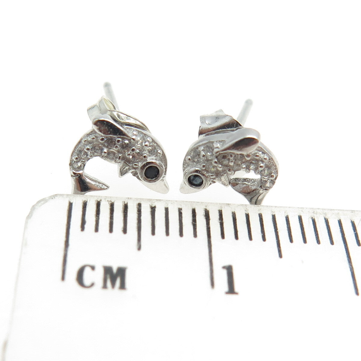 925 Sterling Silver Round-Cut Black & White C Z Friendly Dolphin Stud Earrings