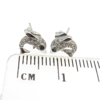 925 Sterling Silver Round-Cut Black & White C Z Friendly Dolphin Stud Earrings