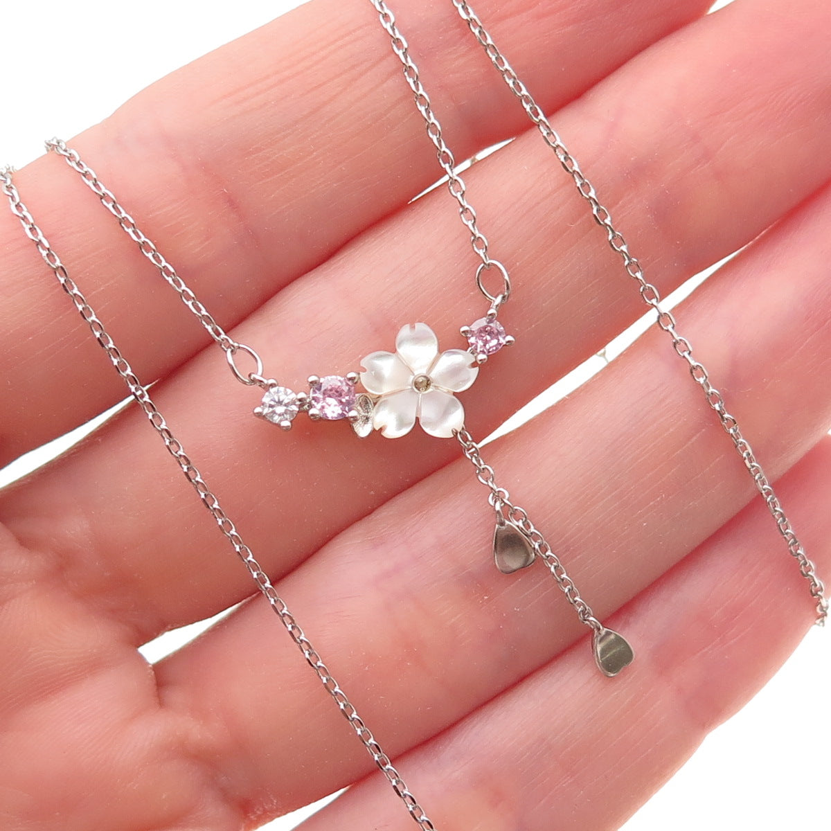 925 Sterling Silver Real MOP & C Z Floral Cable Chain Necklace 16-18"