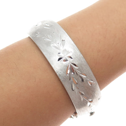 925 Sterling Silver Vintage Diamond-Cut Engraved Flower Bangle Bracelet 7.25"