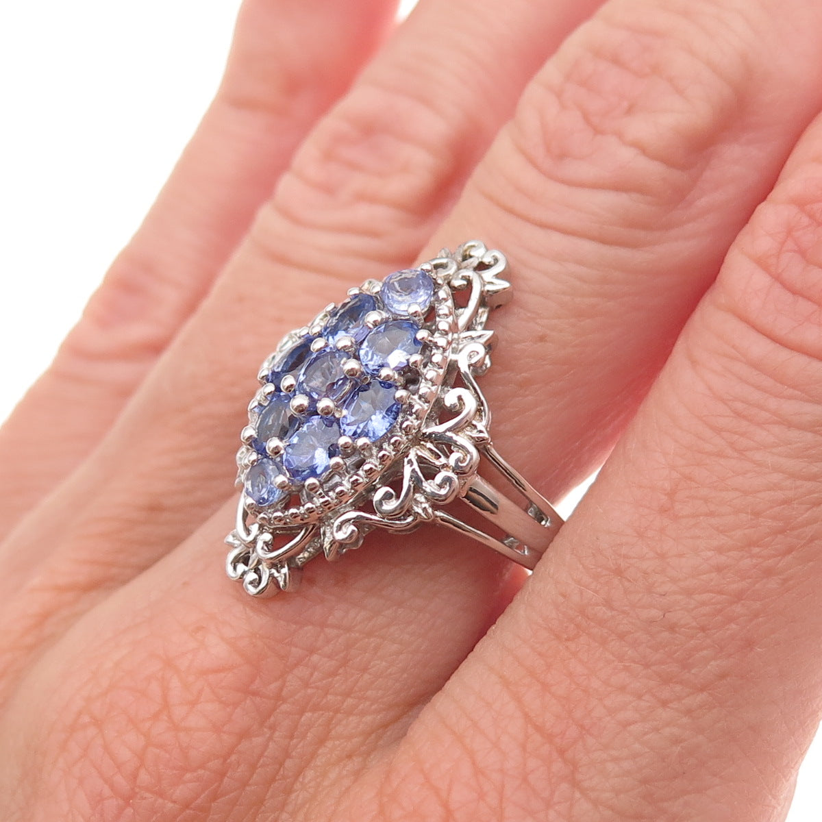 Chuck Clemency 925 Sterling Silver Real Tanzanite Cluster Ornate Ring Size 9
