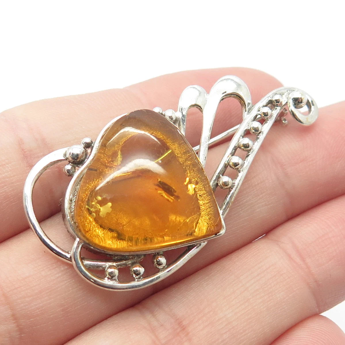 925 Sterling Silver Vintage Real Amber Beaded Heart Pin Brooch