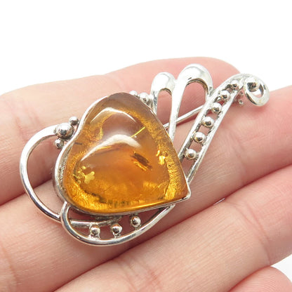 925 Sterling Silver Vintage Real Amber Beaded Heart Pin Brooch
