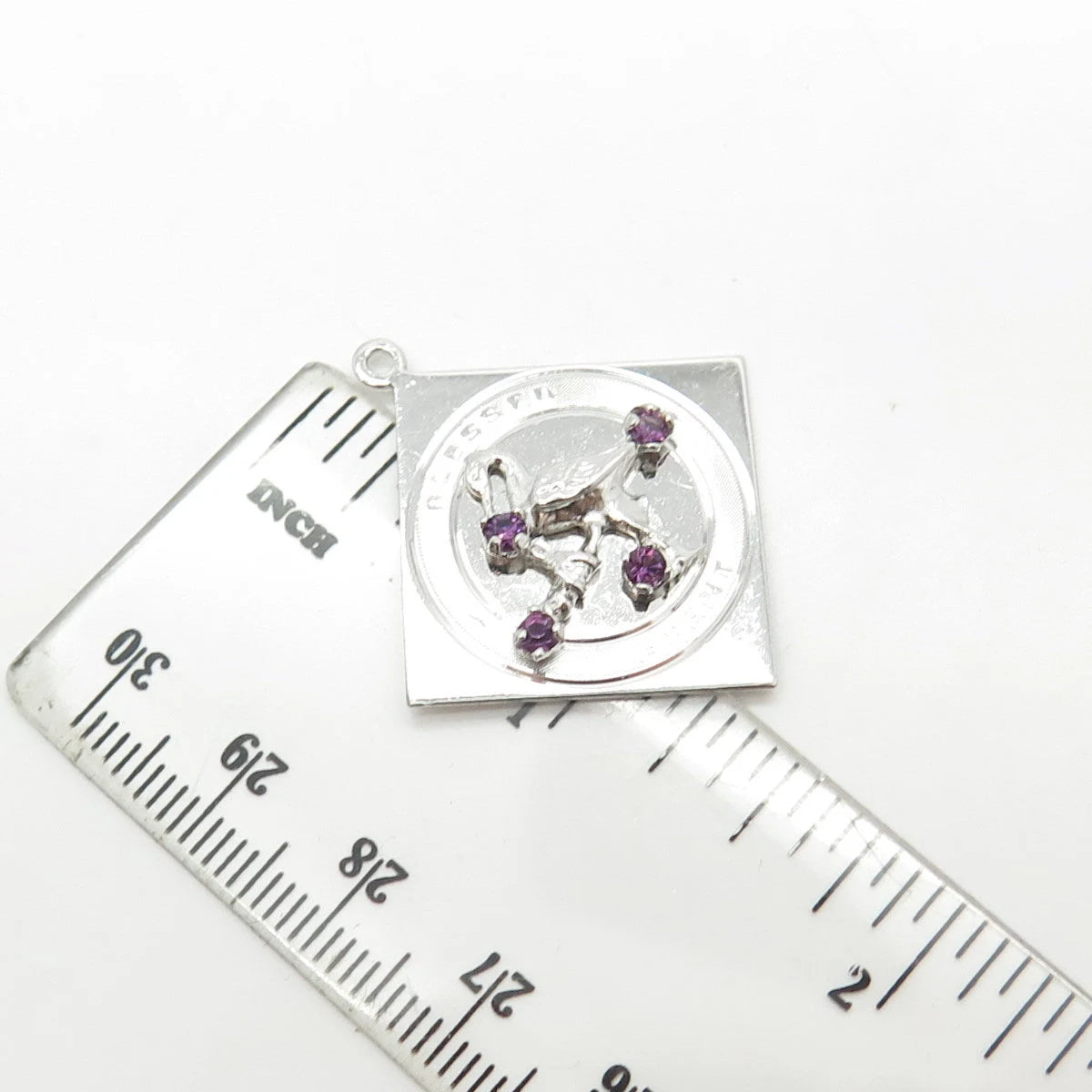 925 Sterling Silver Vintage Amethyst "Blessed Event" Stork Bird Pendant