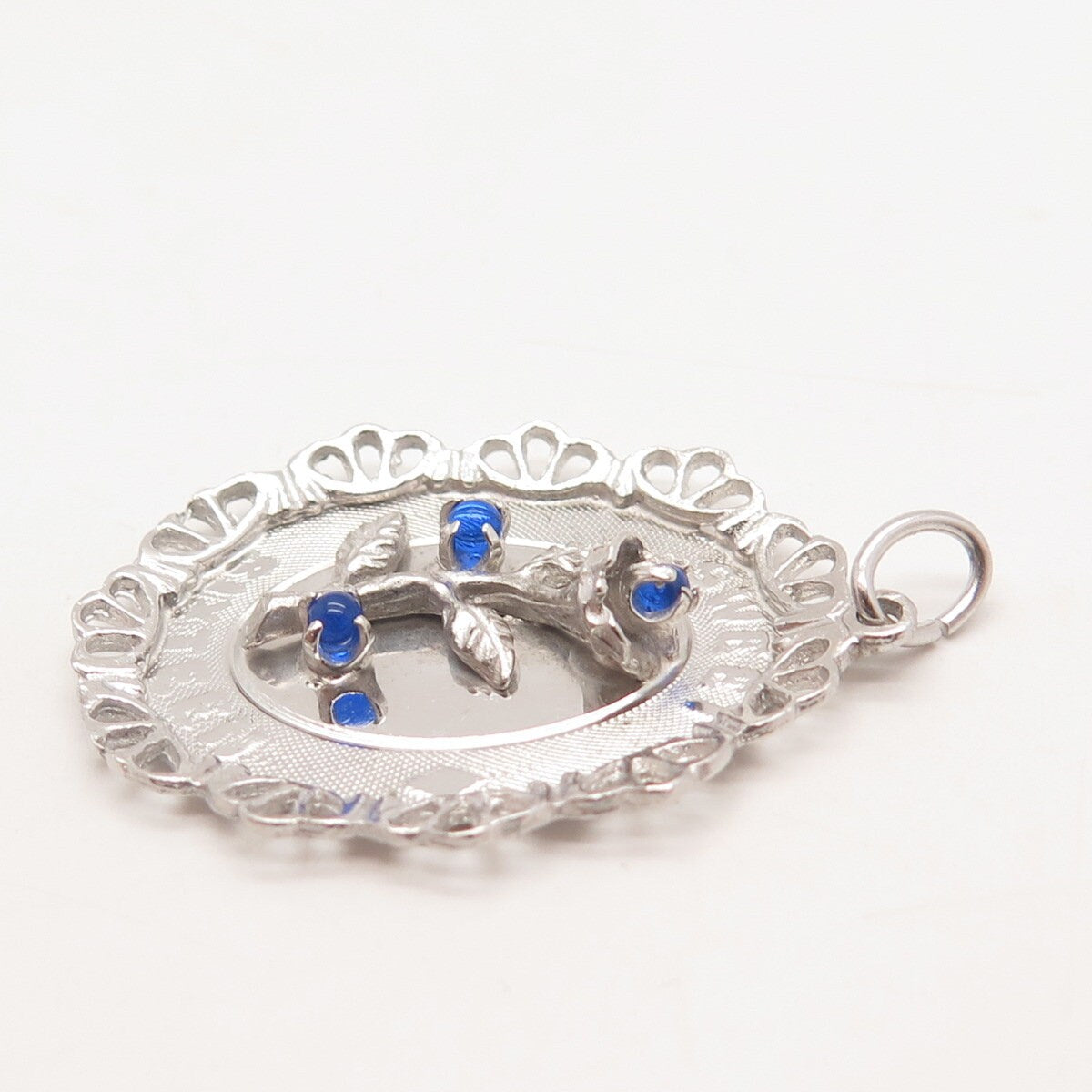925 Sterling Silver Vintage M & M Blue Glass Floral Pendant