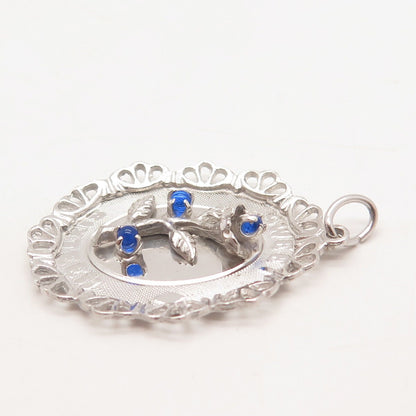 925 Sterling Silver Vintage M & M Blue Glass Floral Pendant