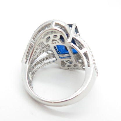 925 Sterling Silver Emerald-Cut Blue & White C Z Bypass Ring Size 7