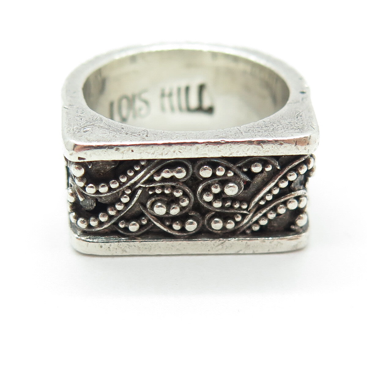 LOIS HILL 925 Sterling Silver Vintage Granulated Scroll Oxidized Ring Size 7.5