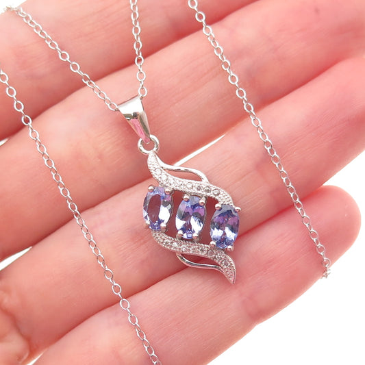 925 Sterling Silver Real Oval-Cut Tanzanite & C Z Cable Chain Necklace 18"