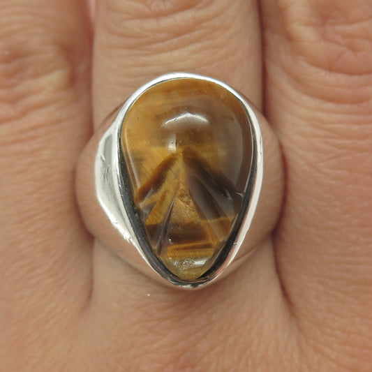 925 Sterling Silver Vintage Mexico Carved Tiger Eye Tribal Face Ring Size 9.75