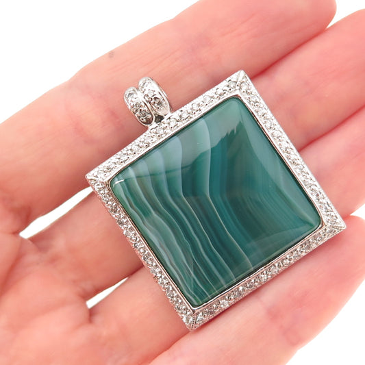 925 Sterling Silver Real Square-Cut Green Agate & Round-Cut C Z Pendant