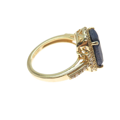 DSMK 925 Sterling Silver Gold Plated Real Diamond & Sapphire Ring Size 9.25