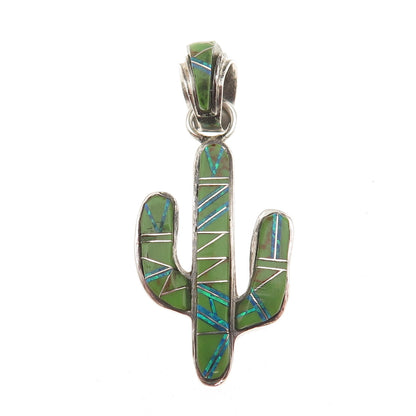 Old Pawn 925 Sterling Silver Vintage Southwestern Turquoise Opal Cactus Pendant