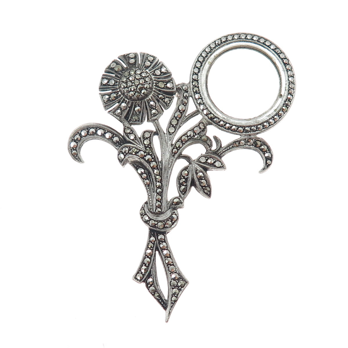 925 Sterling Silver Antique Art Deco Real Marcasite Flower Oxidized Pin Brooch