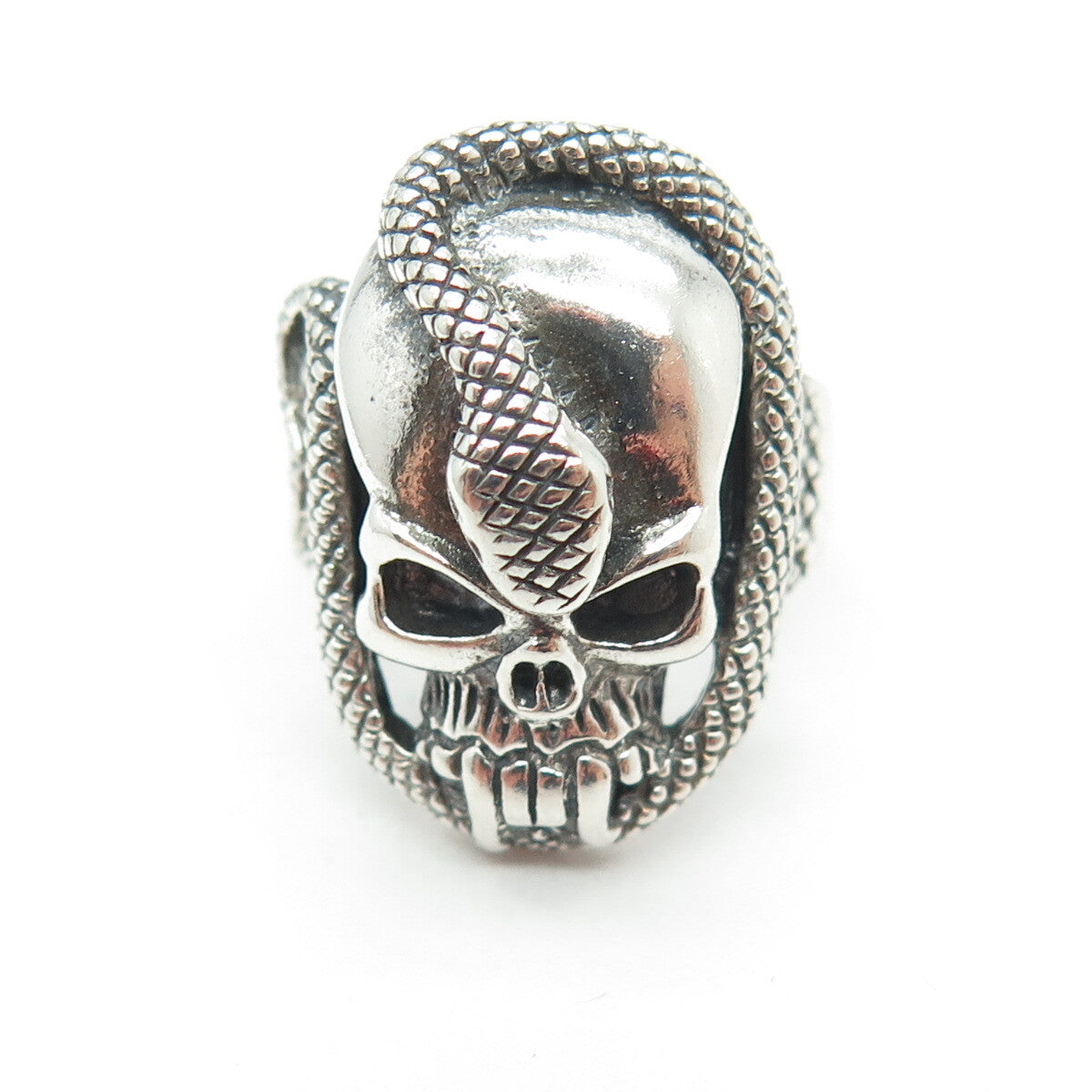 925 Sterling Silver Vintage Skull & Snake Oxidized Biker Ring Size 6.75