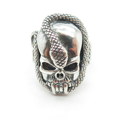 925 Sterling Silver Vintage Skull & Snake Oxidized Biker Ring Size 6.75