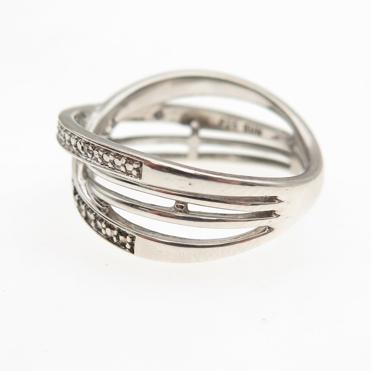 Sun 925 Sterling Silver Real Black & White Diamond Crisscross Ring Size 7