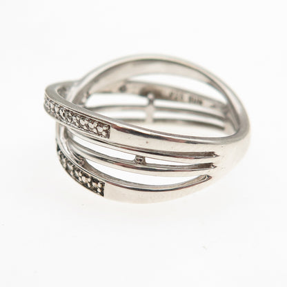 Sun 925 Sterling Silver Real Black & White Diamond Crisscross Ring Size 7