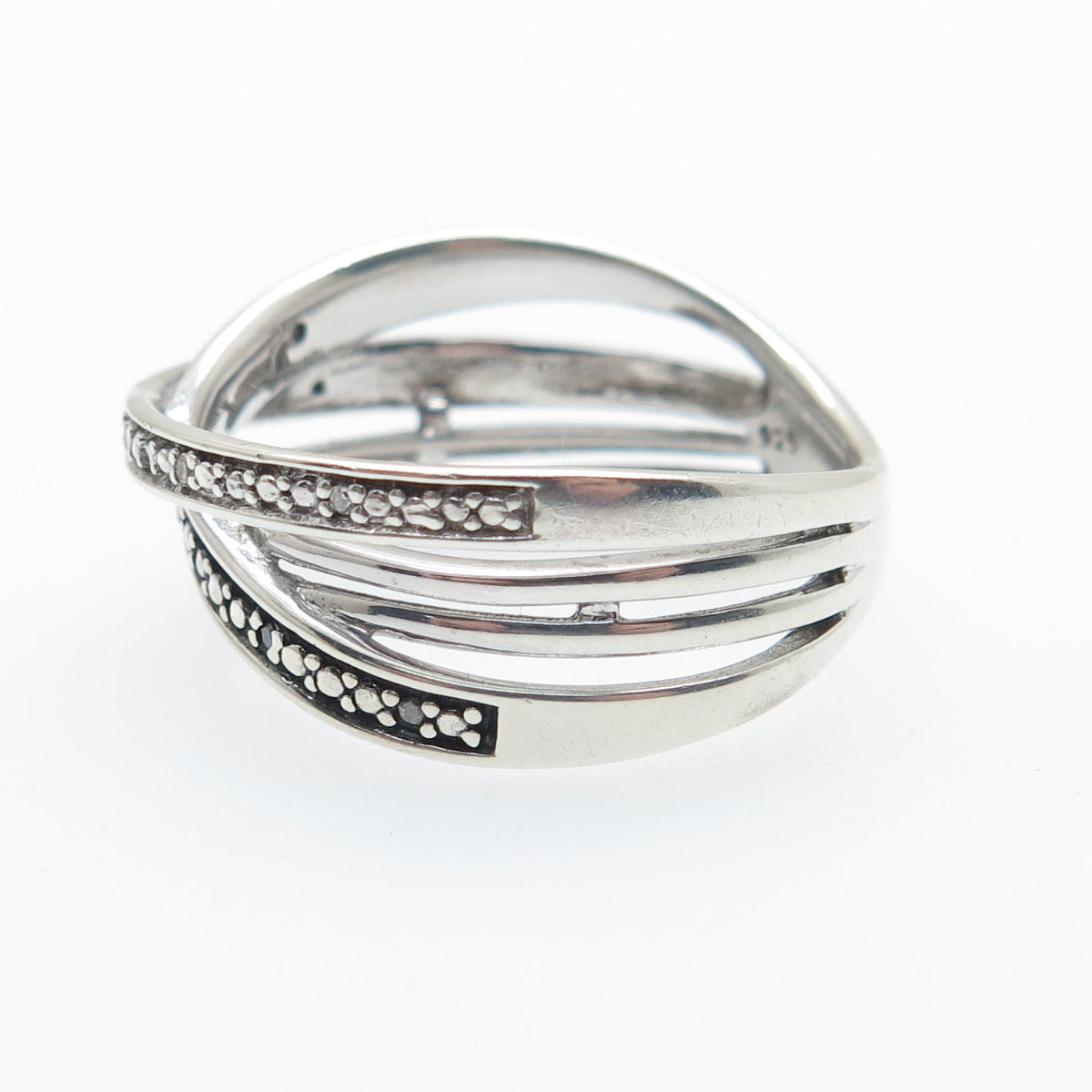 925 Sterling Silver Real Round-Cut Black & White Diamond Crisscross Ring Size 7
