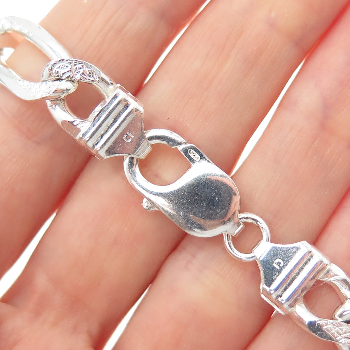 925 Sterling Silver Vintage Italy Figaro Link Bracelet 7.75"