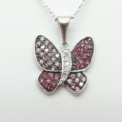 925 Sterling Silver Round-Cut Multi-Pink C Z Butterfly Cable Chain Necklace 16"