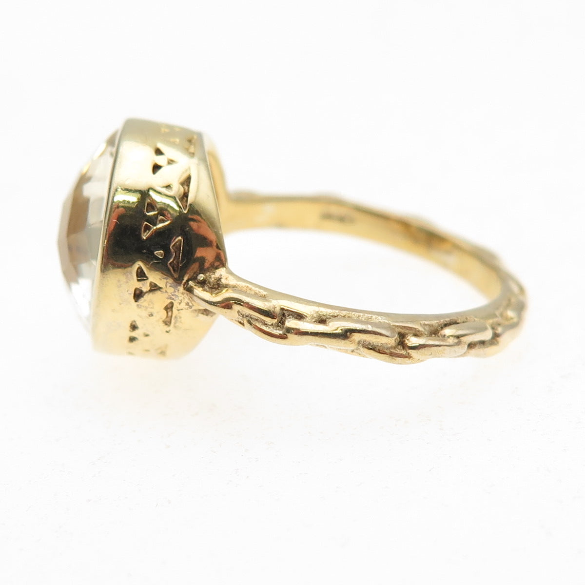 925 Sterling Silver Gold Plated Real Prasiolite Modernist Ring Size 6.75