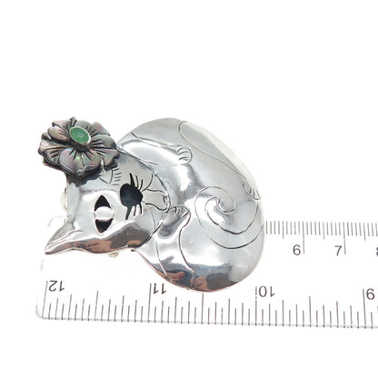 925 Sterling Silver Vintage Real Abalone Shell & Jade Cat Flower Brooch Pendant