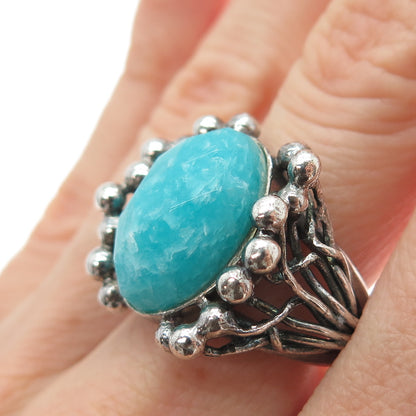 RIDER 950 Silver Vintage Real Amazonite Modernist Oxidized Ring Size 7.5