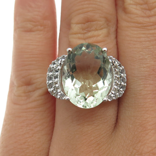 SAM 925 Sterling Silver Real Green Amethyst & White Topaz Ring Size 6